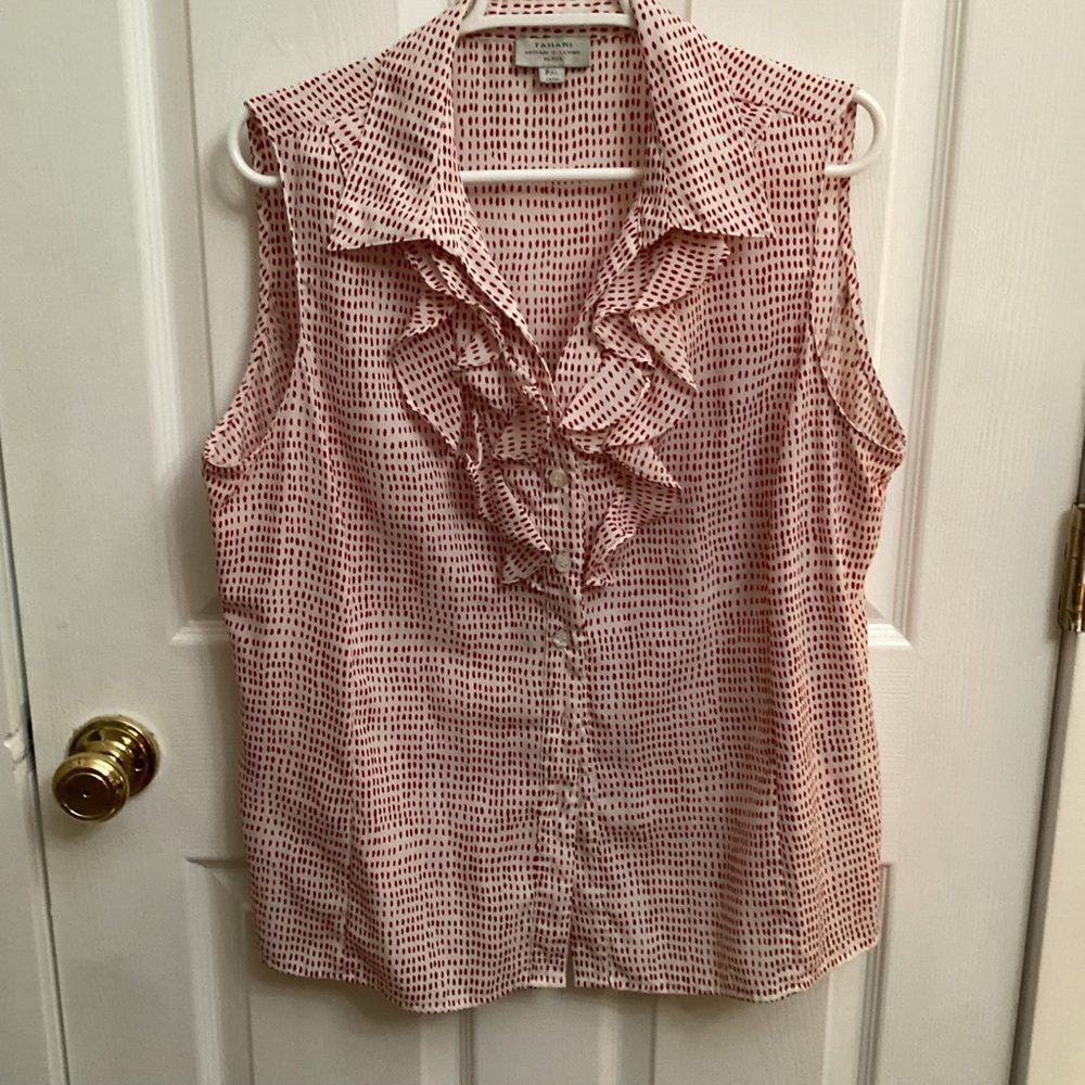 Tahari Red Dot Sleeveless Ruffle Button-Down Top